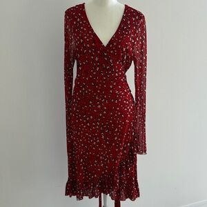 Sanctuary Red Long-Sleeve V-Neck Leopard Print Wrap Dress